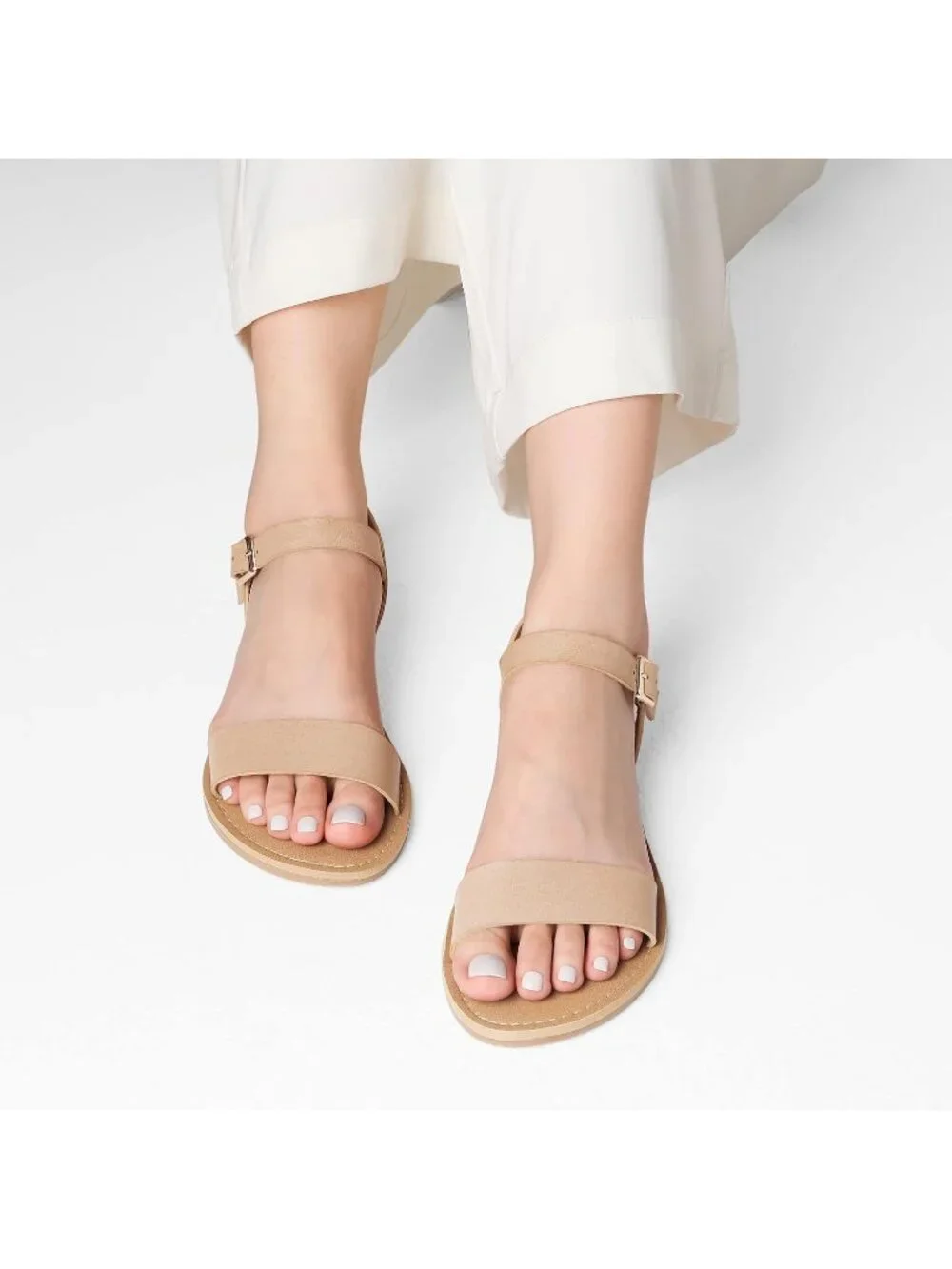 Women's Nude Ankle Strap Flat Sandals Open Toes One Band Buckle Summer Sandals